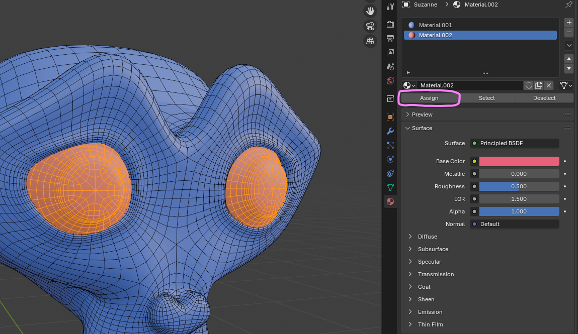 Назначение материала частям объекта